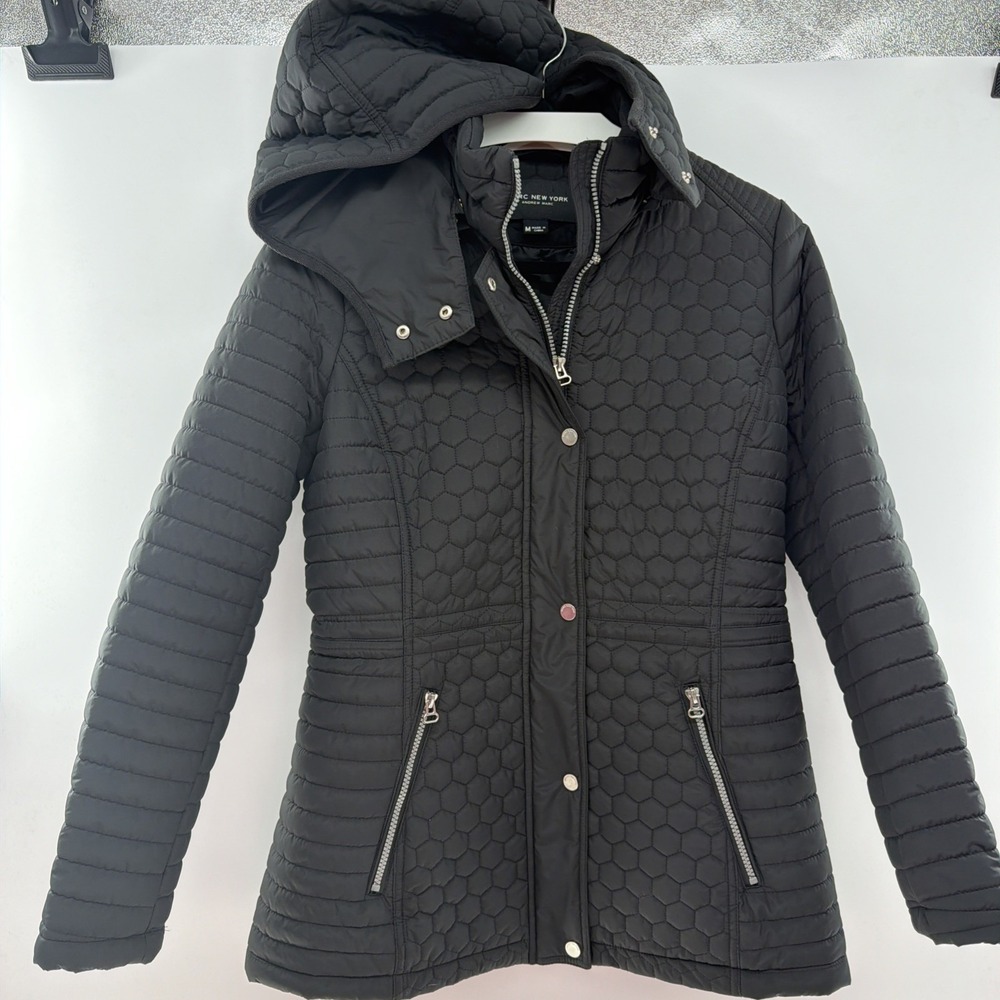 Marc New York Andrew Marc Quilted Hooded Jacket Women's Size M Black Full Zip